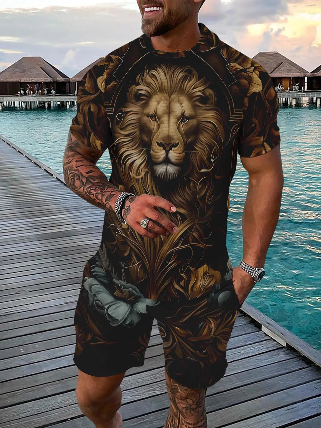 Casual sports suit breathable outdoor leisure men's T-shirt five-point pants suit summer 3D printing suit men's adult