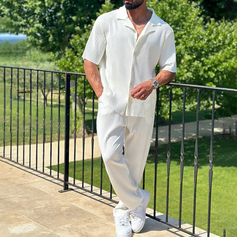 Ensemble 2 pièces pour homme, décontracté, ample, boutonné, ouvert, manches courtes, pantalon, maison, vacances, fin, respirant, séchage rapide