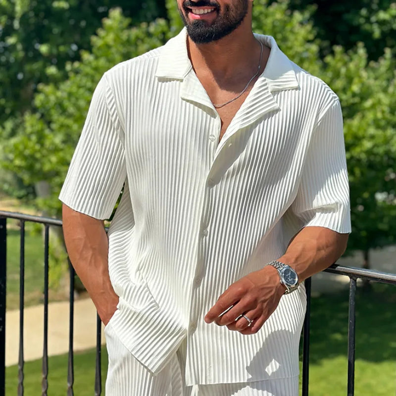 Ensemble 2 pièces pour homme, décontracté, ample, boutonné, ouvert, manches courtes, pantalon, maison, vacances, fin, respirant, séchage rapide
