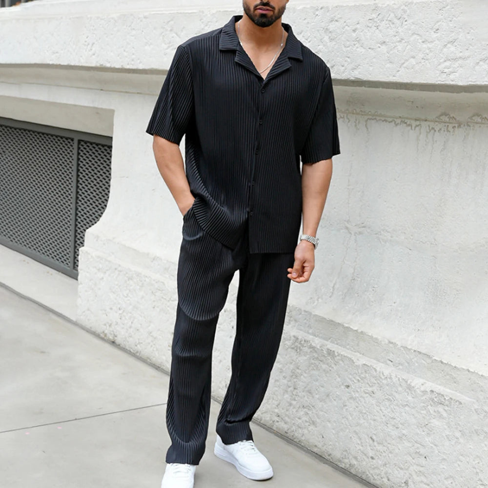 Ensemble 2 pièces pour homme, décontracté, ample, boutonné, ouvert, manches courtes, pantalon, maison, vacances, fin, respirant, séchage rapide