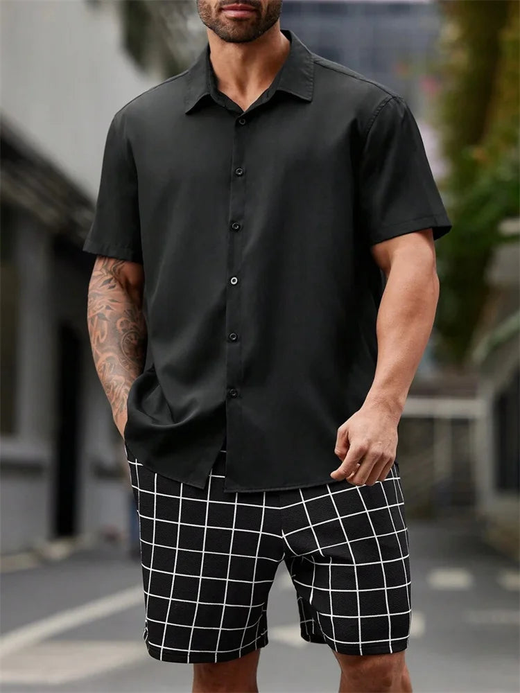 2-piece Summer Men's Short-sleeved Shirt And Beach Shorts Set Outdoor Street Men's Fashionable Shirt Beach Men's Casual Shorts