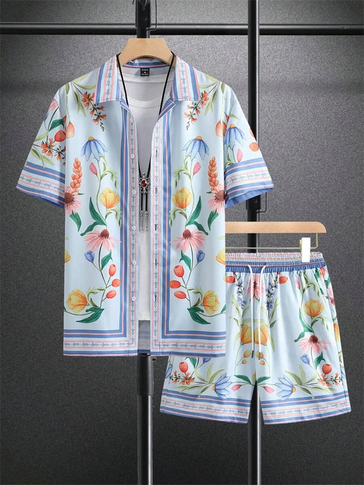 2-piece Summer Men's Short-sleeved Shirt And Beach Shorts Set Outdoor Street Men's Fashionable Shirt Beach Men's Casual Shorts