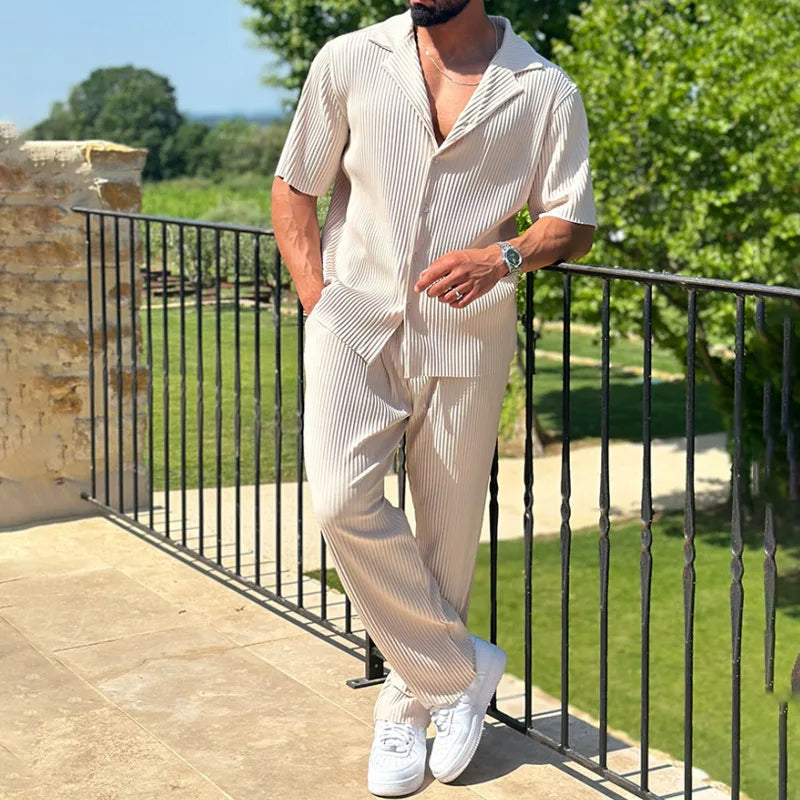Ensemble 2 pièces pour homme, décontracté, ample, boutonné, ouvert, manches courtes, pantalon, maison, vacances, fin, respirant, séchage rapide