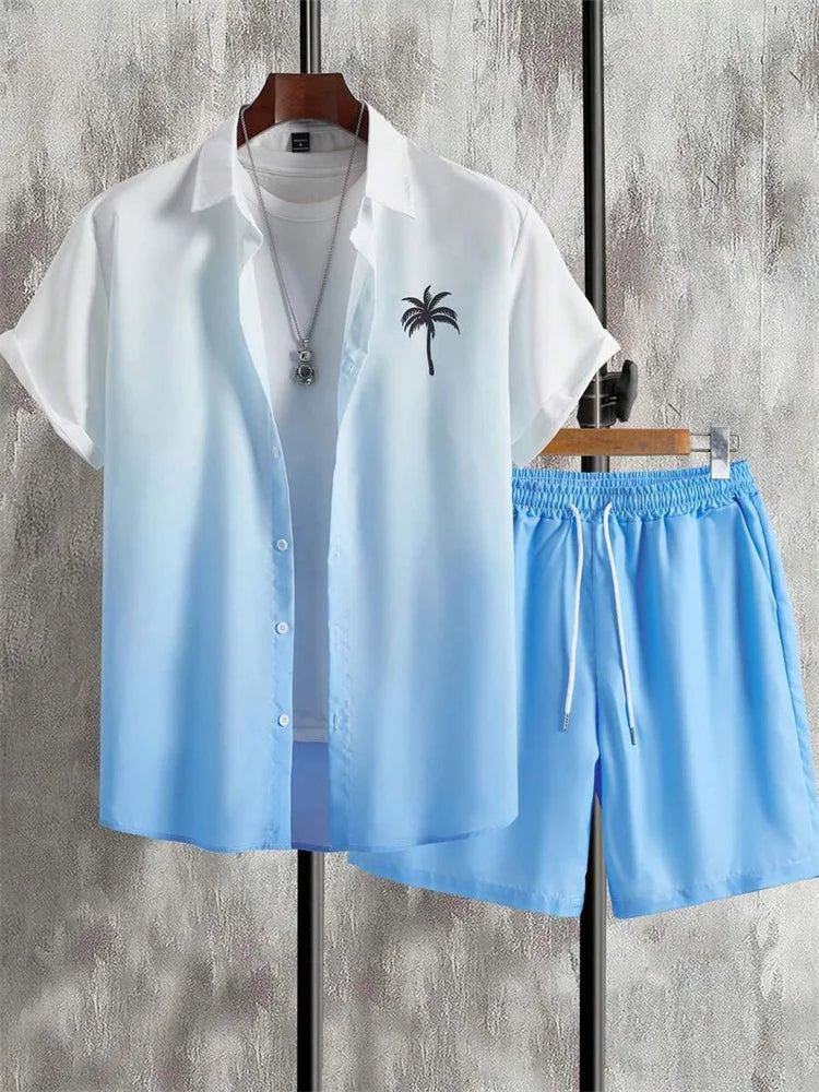 2-piece Summer Men's Short-sleeved Shirt And Beach Shorts Set Outdoor Street Men's Fashionable Shirt Beach Men's Casual Shorts