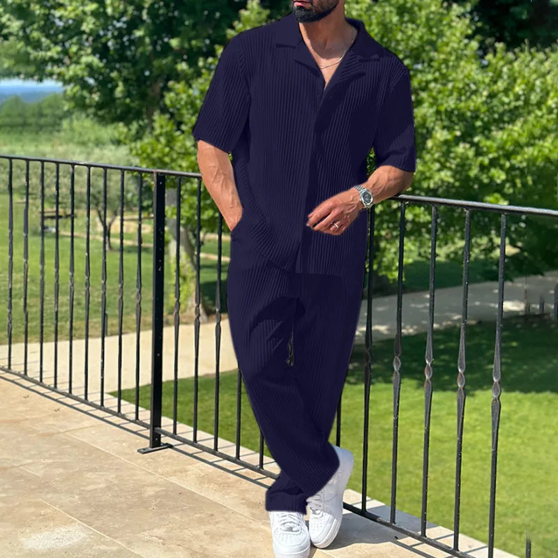Ensemble 2 pièces pour homme, décontracté, ample, boutonné, ouvert, manches courtes, pantalon, maison, vacances, fin, respirant, séchage rapide