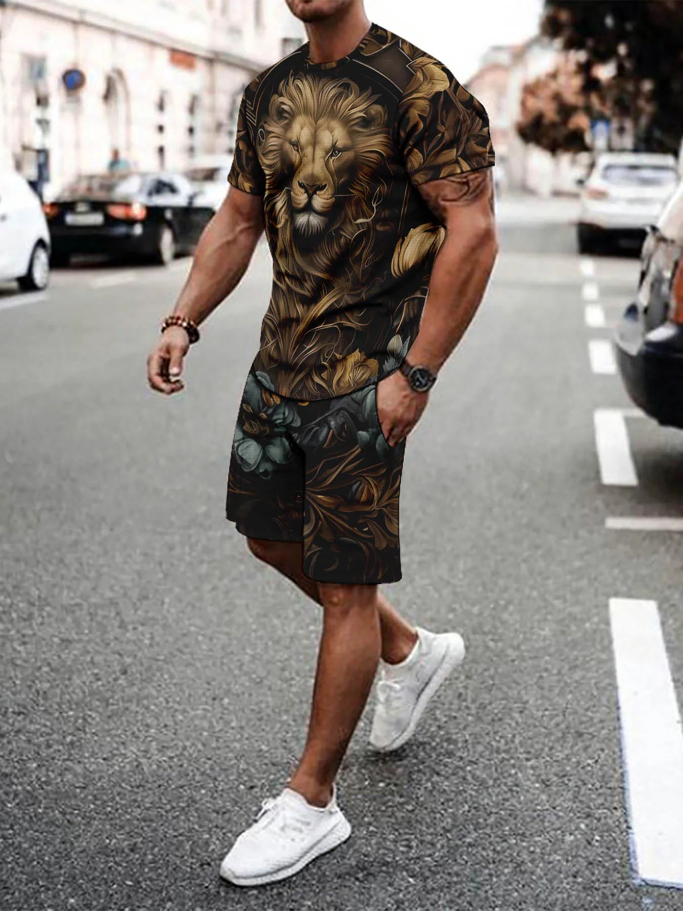 Casual sports suit breathable outdoor leisure men's T-shirt five-point pants suit summer 3D printing suit men's adult