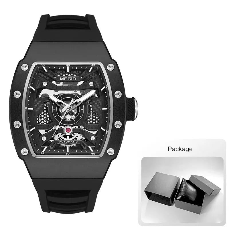 Montre mécanique automatique MEGIR pour homme, montre-bracelet de sport tendance avec boîtier en acier inoxydable, bracelet en silicone, aiguilles lumineuses 8604