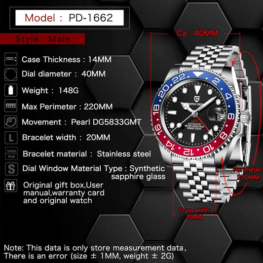 2025 New PAGANI DESIGN Luxurys Men Mechanical Watches Stainless Steel GMT Watch Top Brand Sapphire Glass Men for Watch PD-1662