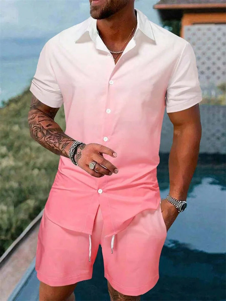 2-piece Summer Men's Short-sleeved Shirt And Beach Shorts Set Outdoor Street Men's Fashionable Shirt Beach Men's Casual Shorts