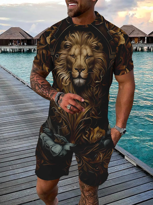 Casual sports suit breathable outdoor leisure men's T-shirt five-point pants suit summer 3D printing suit men's adult