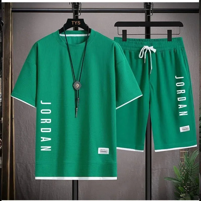 2024 Men's Summer Waffle Set Brand Fashion Casual T-shirt+Shorts Set Men's Sports Set Loose ComfortableSlow RunningQuick Dr