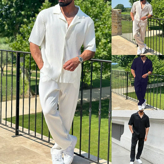 Ensemble 2 pièces pour homme, décontracté, ample, boutonné, ouvert, manches courtes, pantalon, maison, vacances, fin, respirant, séchage rapide