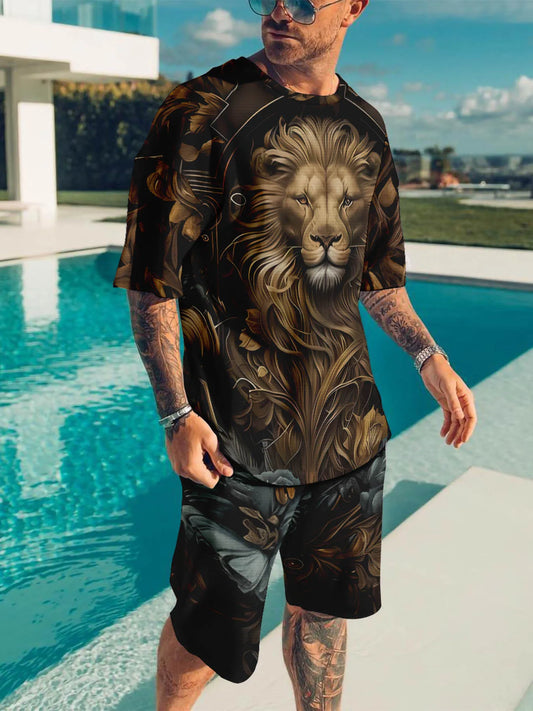 Casual sports suit breathable outdoor leisure men's T-shirt five-point pants suit summer 3D printing suit men's adult