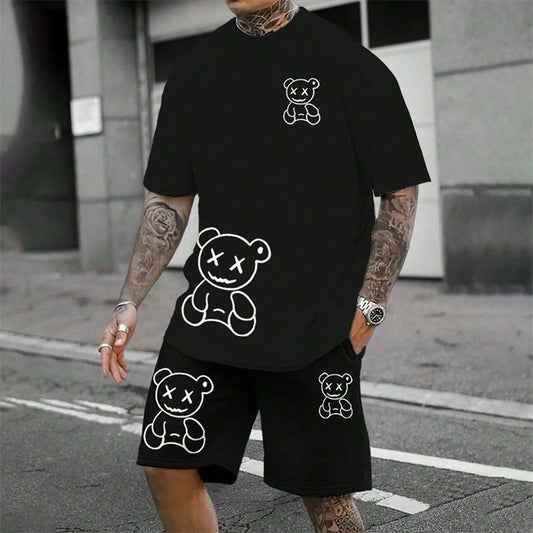 2024 Fun Bear Harajuku T-Shirt Men's Summer Loose Daily Couple Suit Outdoor Street Short Sleeve Shorts Two Piece Men Summer Suit
