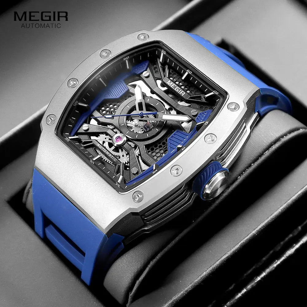Montre mécanique automatique MEGIR pour homme, montre-bracelet de sport tendance avec boîtier en acier inoxydable, bracelet en silicone, aiguilles lumineuses 8604