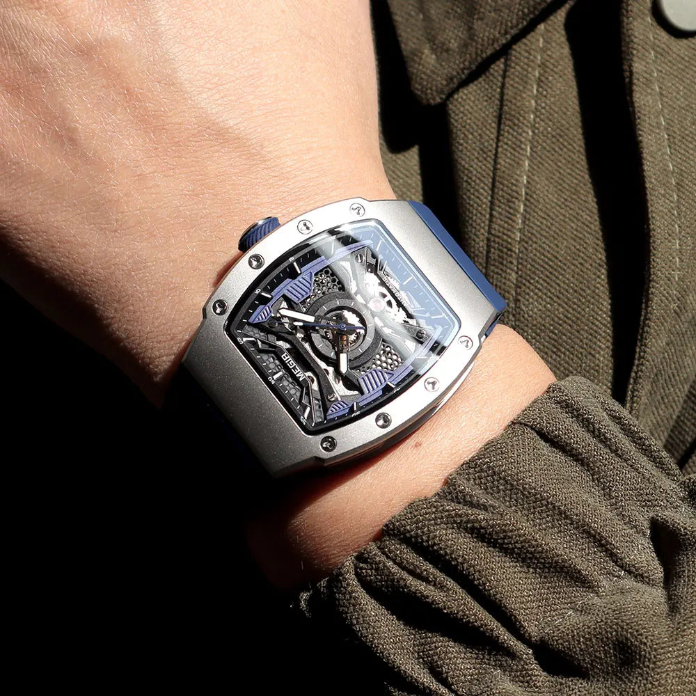 Montre mécanique automatique MEGIR pour homme, montre-bracelet de sport tendance avec boîtier en acier inoxydable, bracelet en silicone, aiguilles lumineuses 8604