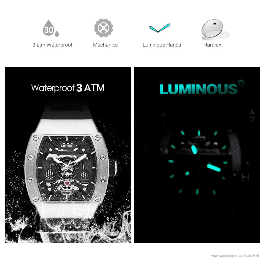 Montre mécanique automatique MEGIR pour homme, montre-bracelet de sport tendance avec boîtier en acier inoxydable, bracelet en silicone, aiguilles lumineuses 8604