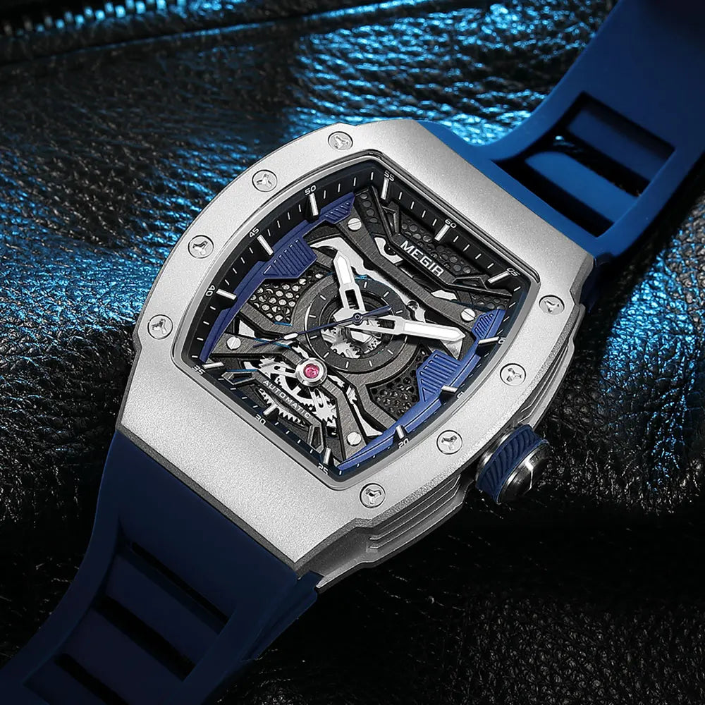 Montre mécanique automatique MEGIR pour homme, montre-bracelet de sport tendance avec boîtier en acier inoxydable, bracelet en silicone, aiguilles lumineuses 8604
