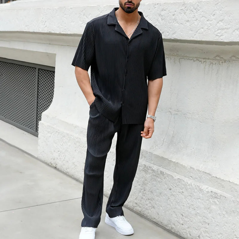 Ensemble 2 pièces pour homme, décontracté, ample, boutonné, ouvert, manches courtes, pantalon, maison, vacances, fin, respirant, séchage rapide
