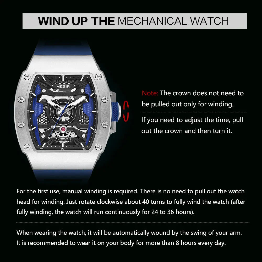 Montre mécanique automatique MEGIR pour homme, montre-bracelet de sport tendance avec boîtier en acier inoxydable, bracelet en silicone, aiguilles lumineuses 8604