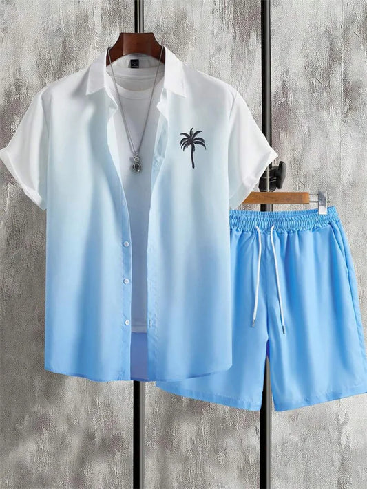 2-piece Summer Men's Short-sleeved Shirt And Beach Shorts Set Outdoor Street Men's Fashionable Shirt Beach Men's Casual Shorts