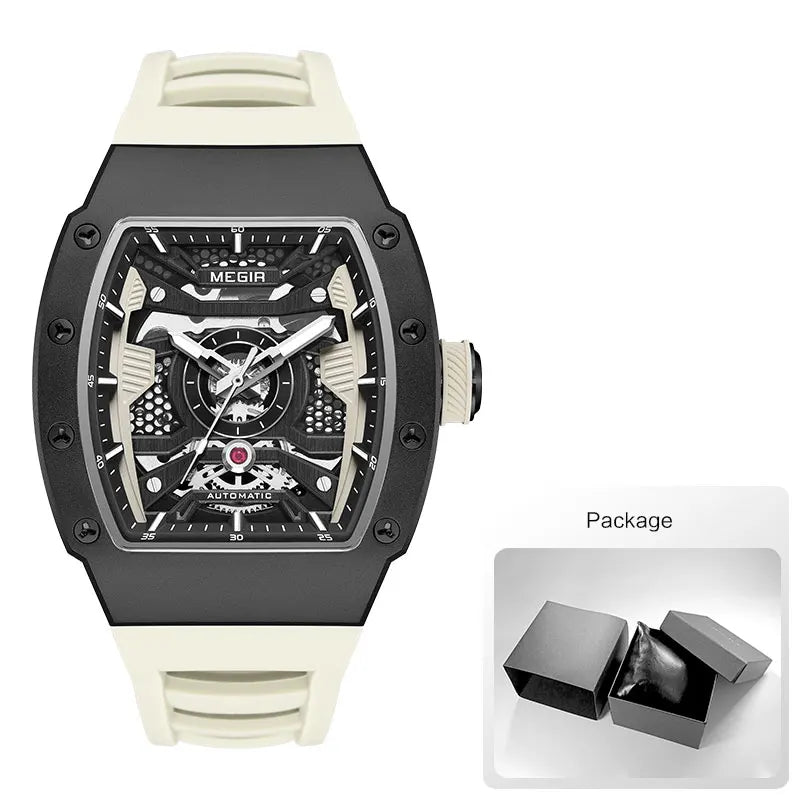 Montre mécanique automatique MEGIR pour homme, montre-bracelet de sport tendance avec boîtier en acier inoxydable, bracelet en silicone, aiguilles lumineuses 8604