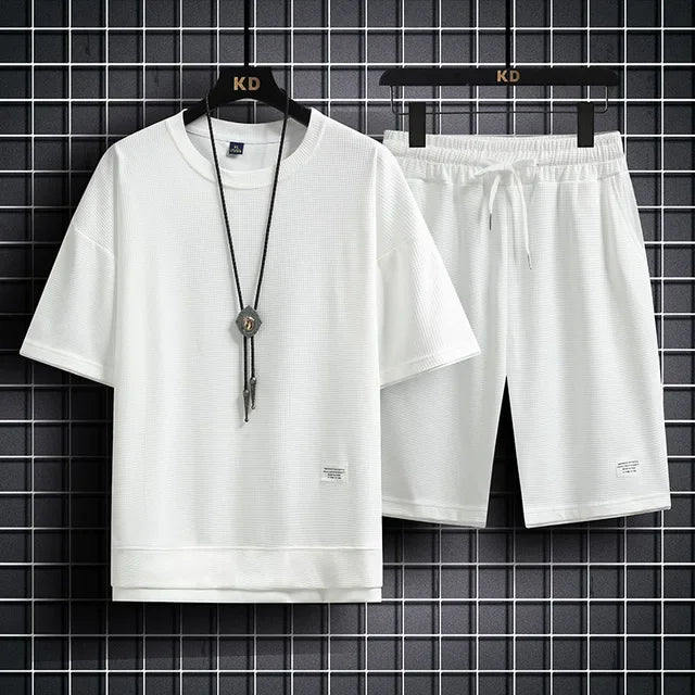 2024 Men's Summer Waffle Set Brand Fashion Casual T-shirt+Shorts Set Men's Sports Set Loose ComfortableSlow RunningQuick Dr
