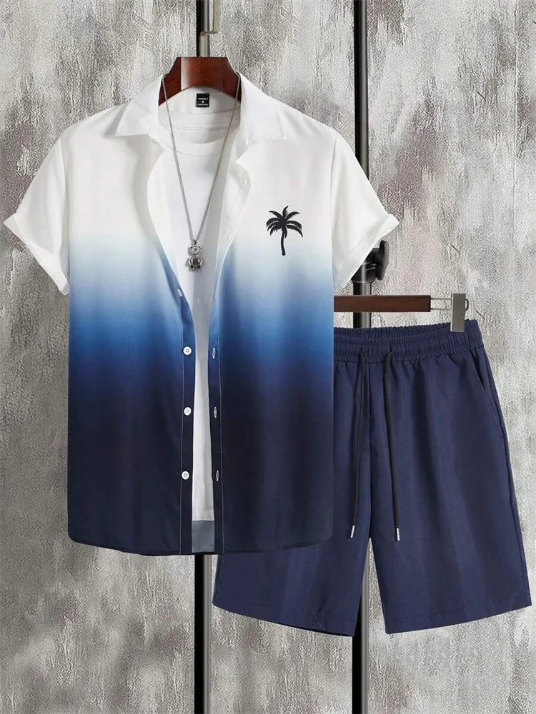2-piece Summer Men's Short-sleeved Shirt And Beach Shorts Set Outdoor Street Men's Fashionable Shirt Beach Men's Casual Shorts