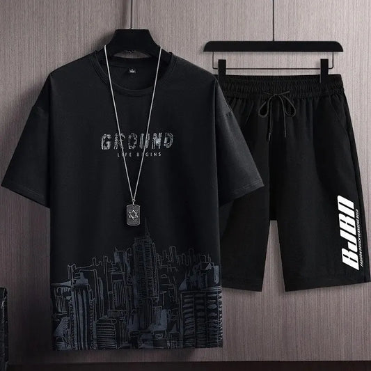 Ensemble de sport décontracté d'été pour homme, imprimé urbain, jogging, sweat-shirt, pantalon de survêtement, respirant, séchage rapide, 2 pièces