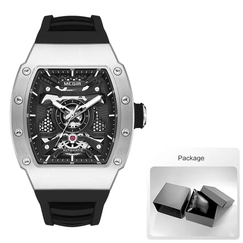 Montre mécanique automatique MEGIR pour homme, montre-bracelet de sport tendance avec boîtier en acier inoxydable, bracelet en silicone, aiguilles lumineuses 8604