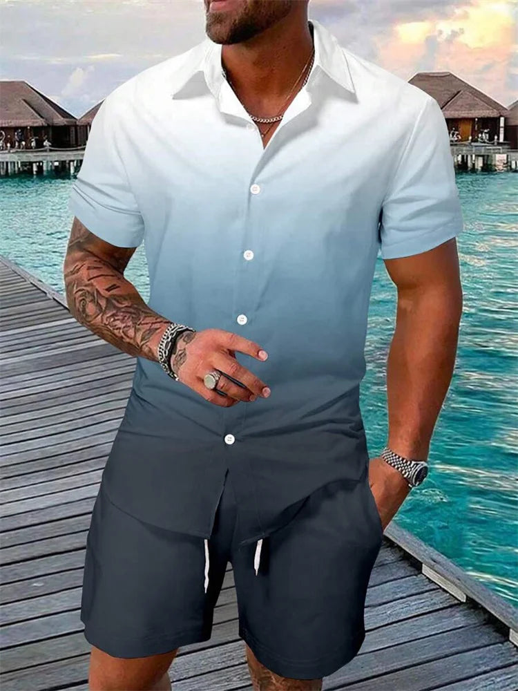 2-piece Summer Men's Short-sleeved Shirt And Beach Shorts Set Outdoor Street Men's Fashionable Shirt Beach Men's Casual Shorts